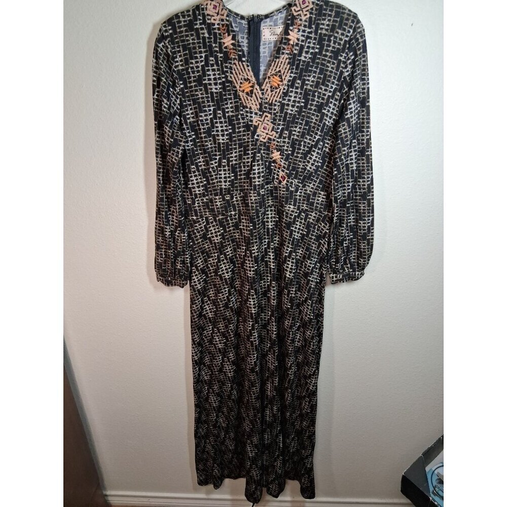 NWT Sheryl Crow Dress Woven Look Embroidered V-Neck Kaftan Maxi Black Sz Medium - Picture 1 of 7